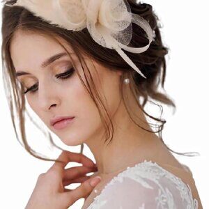 Women Fascinator Hat Nylon Feather Floral Mesh Veil Headband Clip Wedding Party